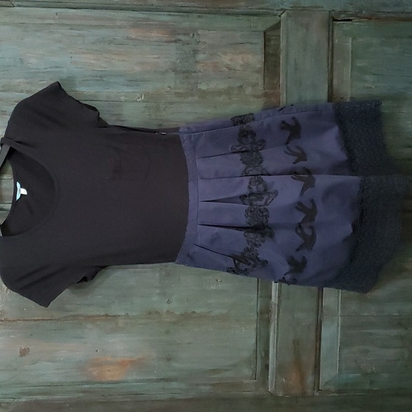 ANTHROPOLOGIE Leifnotes Blue Black Knit Floral With Flyaway Bird Embroidered Dre - Picture 3 of 9